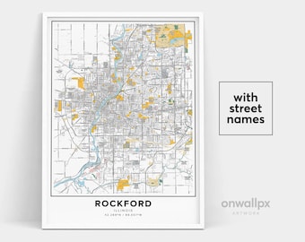 Rockford Map Print, Street Names Rockford Print, Printable Map Of Rockford, City Map Art, Rockford Illinois Map Art, Travel Gift Poster