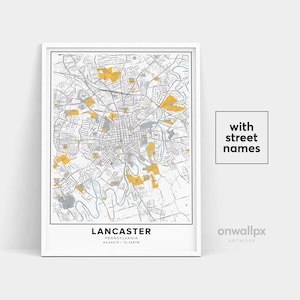 Impressão de mapa de Lancaster, impressão de nomes de ruas Lancaster, mapa para impressão de Lancaster, arte do mapa da cidade, mapa de Lancaster Pensilvânia, pôster de presente de viagem
