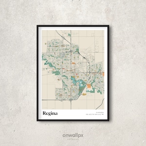 Impression de carte de Regina, affiche de carte de Regina rétro, art de la carte des rues de Regina vintage, carte cadeau Regina Saskatchewan Canada, décoration murale Regina