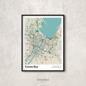 Affiche imprimée carte de Green Bay, déco carte rétro de Green Bay, art cadeau vintage de Green Bay, carte de la ville rétro de Green Bay Wisconsin, décoration murale RC85