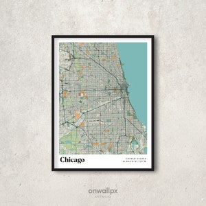 Impression de carte de Chicago, affiche de carte de Chicago rétro, art de la carte des rues de Chicago vintage, carte cadeau Chicago Illinois, décoration murale Chicago, RC103