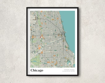 Chicago Print Map, Retro Chicago Map Poster, Vintage Chicago Streets Map Art, Gift Map Chicago Illinois, Chicago Wall Decor