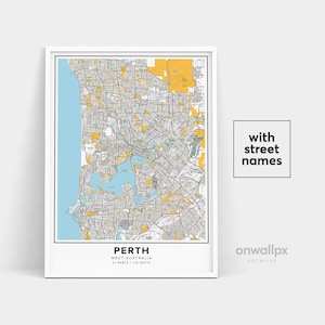 Impressão de mapa de Perth, impressão de nomes de ruas de Perth, mapa imprimível de Perth, arte do mapa da cidade, arte do mapa de Perth West Australia, pôster de presente de viagem