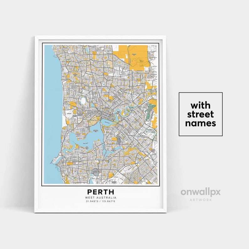 Perth Map Print Street Names Perth Print Printable Map of Etsy