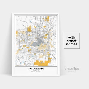 Impressão de mapa de Columbia, impressão de nomes de ruas de Columbia, mapa imprimível de Columbia, arte de mapa de cidade, arte de mapa de Columbia Missouri, pôster de presente de viagem