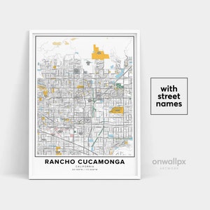 Impression de carte de Rancho Cucamonga, impression de noms de rue Rancho Cucamonga, art de carte de ville, art de carte de Californie de Rancho Cucamonga, affiche de cadeau de voyage