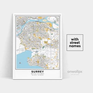 Impressão de mapa de Surrey, impressão de nomes de ruas Surrey, mapa para impressão de Surrey, arte do mapa da cidade, arte do mapa de Surrey British Columbia, pôster de presente de viagem