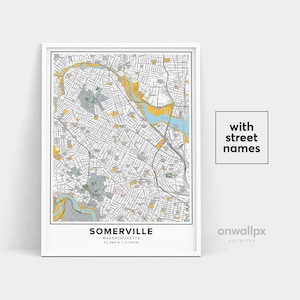 Impressão de mapa de Somerville, impressão de nomes de ruas de Somerville, mapa de Somerville, arte de mapa da cidade, arte de mapa de Somerville Massachusetts, pôster de presente de viagem