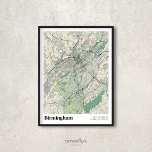 Birmingham Alabama Carte Imprimer Poster, Rétro Birmingham Carte Decor, Vintage Birmingham Gift Wall Art, Retro City Map Birmingham Interior, RC62