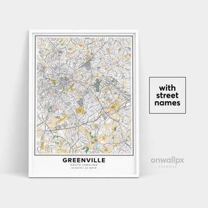 Impressão de mapa de Greenville, impressão de nomes de ruas de Greenville, mapa de Greenville, arte de mapa da cidade, arte de mapa de Greenville, Carolina do Sul, pôster de presente de viagem