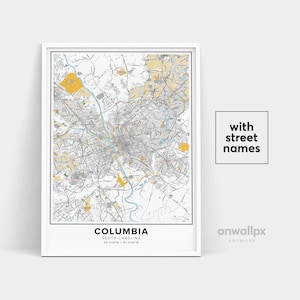 Impressão de mapa de Columbia, impressão de nomes de ruas de Columbia, mapa imprimível de Columbia, arte de mapa de cidade, mapa de Columbia, Carolina do Sul, pôster de presente de viagem