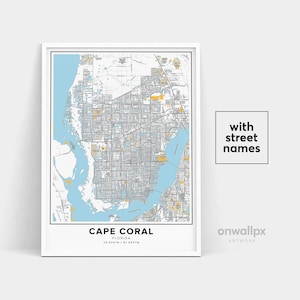 Cape Coral kaart print, straatnamen Cape Coral print, afdrukbare kaart van Cape Coral, stadsplattegrond kunst, Cape Coral kaart Florida, reiscadeau poster