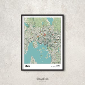 May include: A map of Oslo, Norway, with a black frame. The map shows the city's streets, parks, and waterways. The city's name and coordinates are printed in the bottom right corner.