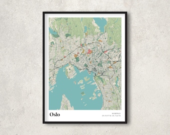 Oslo Print Map, Retro Oslo Map Poster, Vintage Oslo Streets Map Art, Gift Map of Oslo Norway, Oslo Wall Art Decor