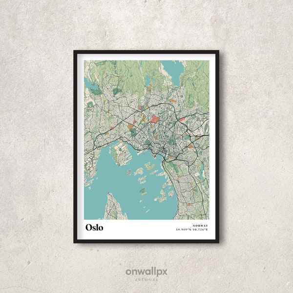 Oslo Print Map, Retro Oslo Map Poster, Vintage Oslo Streets Map Art, Gift Map of Oslo Norway, Oslo Wall Art Decor, RC52