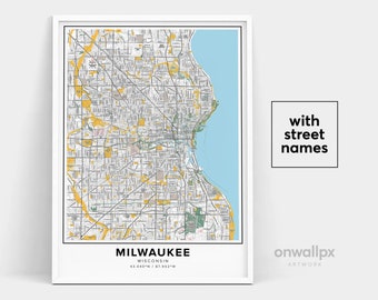 Milwaukee Karte Druck, Straßennamen Milwaukee Print, Druckbare Karte von Milwaukee, Stadt karte Kunst, Milwaukee Wahl, Stadtplan Kunst, Reise Geschenk