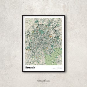 Pôster com o mapa de Bruxelas, decoração retrô com o mapa de Bruxelas, arte de parede vintage para presente de Bruxelas, mapa retrô da cidade de Bruxelas, Bélgica, decoração de parede interna, RC18