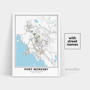 Impressão de mapa de Port Moresby, nomes de ruas Impressão de Port Moresby, mapa de Port Moresby, arte de mapa de Port Moresby Papua Nova Guiné, pôster de presente de viagem