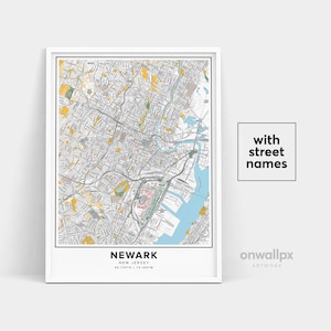 Newark Kaart Afdrukken, Straatnamen Newark Print, Afdrukbare Kaart van Newark, Stadskaart Kunst, Newark New Jersey Kaart Kunst, Reizen Gift Poster