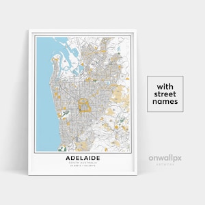 Impressão de mapa de Adelaide, impressão de nomes de ruas de Adelaide, mapa para impressão de Adelaide, arte do mapa da cidade, arte do mapa de Adelaide Austrália, pôster de presente de viagem