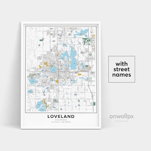Impressão de mapa de Loveland, impressão de nomes de ruas Loveland, mapa imprimível de Loveland, arte do mapa da cidade, arte do mapa de Loveland Colorado, pôster de presente de viagem