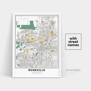 Roseville Map Print, Street Names Roseville Print, Carte imprimable de Roseville City Map Art, Roseville California Map Art, Affiche cadeau de voyage