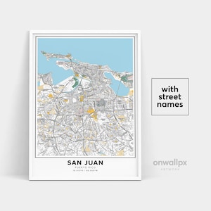 Impressão de mapa de San Juan, impressão de nomes de ruas de San Juan, mapa imprimível de San Juan, arte de mapa da cidade, arte de mapa de San Juan Porto Rico, pôster de presente de viagem