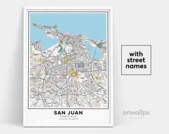 San Juan Puerto Rico Map Print, Street Names, City Art