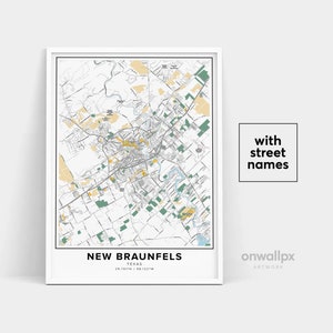 Impressão de mapa de New Braunfels, impressão de nomes de ruas de New Braunfels, arte de mapa da cidade de New Braunfels, arte de mapa de New Braunfels Texas, pôster de presente de viagem