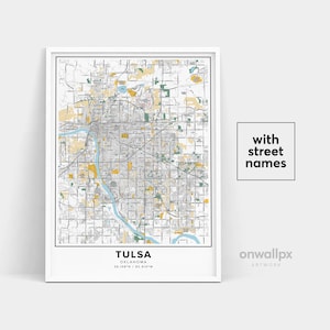 Impressão de mapa de Tulsa, impressão de nomes de ruas Tulsa, mapa imprimível de Tulsa, arte do mapa da cidade, arte do mapa de Tulsa Oklahoma, pôster de presente de viagem