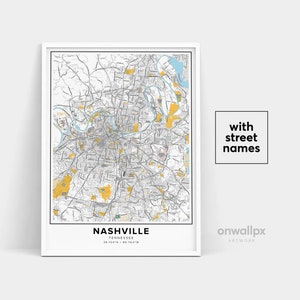 Impressão de mapa de Nashville, impressão de nomes de ruas Nashville, mapa para impressão de Nashville, arte do mapa da cidade, arte do mapa de Nashville Tennessee, pôster de presente de viagem