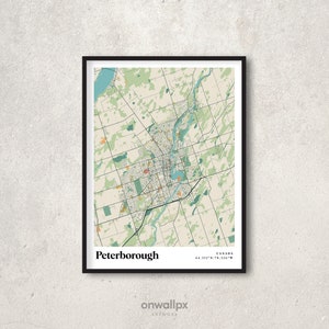 Impression d'affiche de carte de Peterborough, décor de carte de Peterborough rétro, carte-cadeau de Peterborough vintage, carte rétro de Peterborough (Ontario), art mural