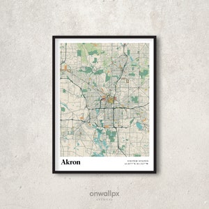 Akron Map Print Poster, Retro Akron Map Decor, vintage Akron Gift Wall Art, Retro Map Akron Ohio Interior Wall Decor, RC90