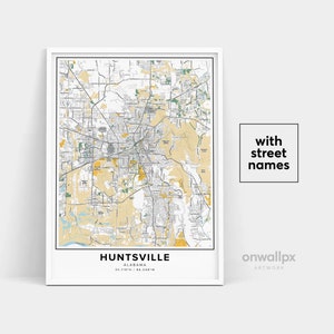 Impression de carte de Huntsville, impression de noms de rues de Huntsville, carte de Huntsville, art de carte de ville, art de carte de Huntsville en Alabama, affiche de cadeau de voyage
