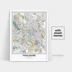 Impresión del mapa de Toulouse, Impresión de nombres de calles de Toulouse, Mapa imprimible de Toulouse, Arte del mapa de la ciudad, Arte del mapa de Toulouse, Francia, Póster de regalo de viaje