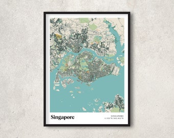 Póster de mapa de Singapur, decoración retro de Singapur, arte mural vintage de Singapur, mapa retro de la ciudad de Singapur, decoración de interiores