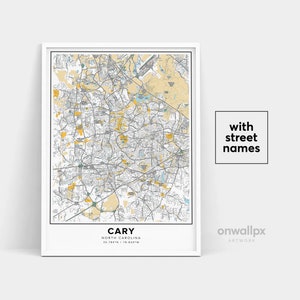 Impressão de mapa de Cary, impressão de nomes de ruas Cary, mapa imprimível de Cary, arte do mapa da cidade, arte do mapa de Cary Carolina do Norte, pôster de presente de viagem