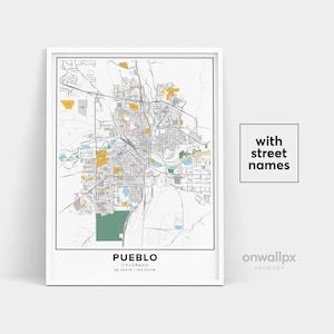 Impressão de mapa de Pueblo, impressão de nomes de ruas Pueblo, mapa imprimível de Pueblo, arte de mapa de cidade, arte de mapa de Pueblo Colorado, pôster de presente de viagem