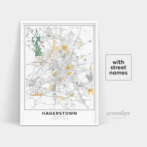 Hagerstown-kaart afdrukken, straatnamen Hagerstown afdrukken, afdrukbare kaart van Hagerstown, stadsplattegrond kunst, kaart Hagerstown Maryland, reiscadeau poster