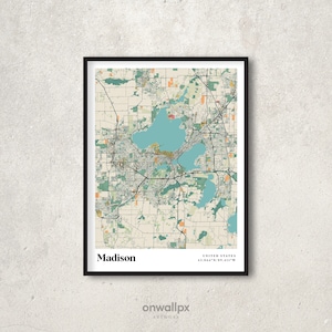 Affiche imprimée carte Madison, décoration carte Madison rétro, art mural cadeau Madison vintage, carte rétro Madison Wisconsin décoration murale intérieure, RC45