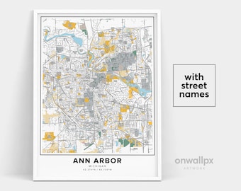 May include: A detailed map of Ann Arbor, Michigan, with street names, in a white frame. The map is in a minimalist style with a light gray background and yellow and blue accents. The map shows the city's streets, parks, and other landmarks.