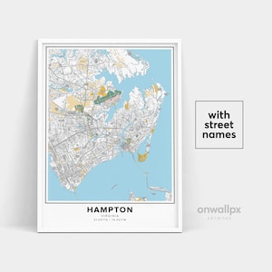 Impression de carte de Hampton, impression de noms de rues de Hampton, carte imprimable de Hampton, art de carte de ville, art de carte de Hampton en Virginie, affiche de cadeau de voyage