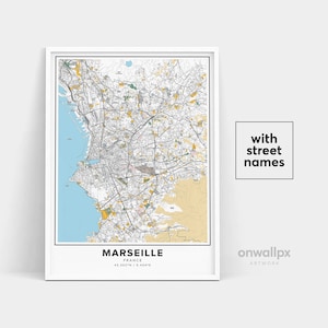 Marseille Karte Druck, Straßennamen Marseille Druck, druckbare Karte von Marseille, Stadt Karte Kunst, Marseille Frankreich Karte Kunst, Reise Geschenk Poster