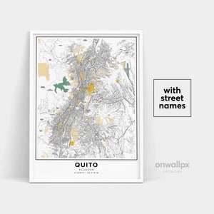 Impressão do mapa de Quito, nomes de ruas Impressão de Quito, mapa imprimível de Quito, arte do mapa da cidade, arte do mapa de Quito Equador, pôster de presente de viagem