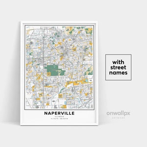 Impressão de mapa de Naperville, impressão de nomes de ruas Naperville, mapa de Naperville, arte do mapa da cidade, arte do mapa de Naperville Illinois, pôster de presente de viagem