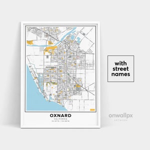 Impressão de mapa de Oxnard, impressão de nomes de ruas Oxnard, mapa imprimível de Oxnard, arte do mapa da cidade, arte do mapa de Oxnard Califórnia, pôster de presente de viagem