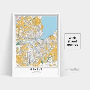 Impressão do mapa de Genebra, impressão de nomes de ruas de Genebra, mapa imprimível de Genebra, arte do mapa da cidade, arte do mapa de Genebra Suíça, pôster de presente de viagem