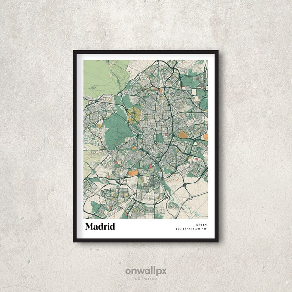 Madrid Kaart Print Poster, Retro Madrid Kaart Decor, Vintage Madrid Gift Wall Art, Retro Stadsplattegrond van Madrid Spanje, Interieur Wand decor, RC34