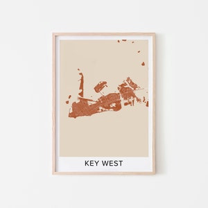Key West Map Art Print, Key West Rust Color Map Poster, Key West Gift Wall Art, Neutrale kleuren Kaart van Key West Florida Interior - RM15