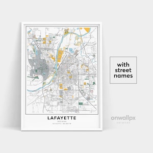 Impressão de mapa de Lafayette, impressão de nomes de ruas Lafayette, mapa para impressão de Lafayette, arte do mapa da cidade, arte do mapa de Lafayette Indiana, pôster de presente de viagem